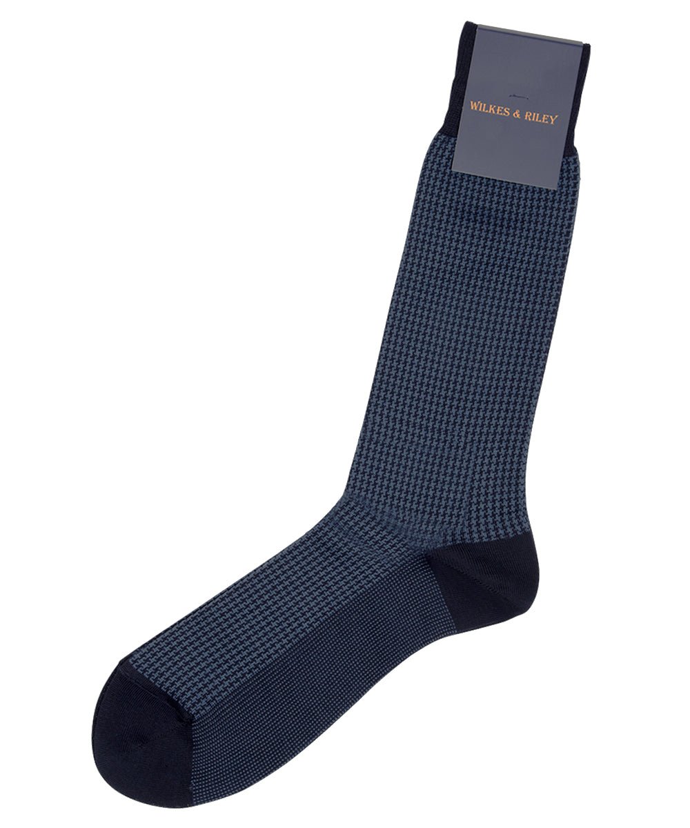 Navy Houndstooth Egyptian Cotton - Mid Calf Sock - Wilkes & Riley, LLC