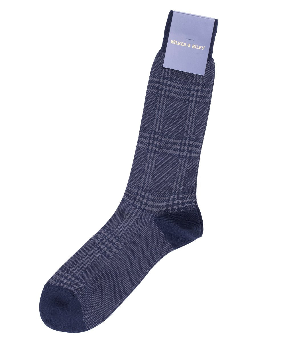 Navy Large Plaid Egyptian Cotton - Mid Calf Sock - Wilkes & Riley, LLC