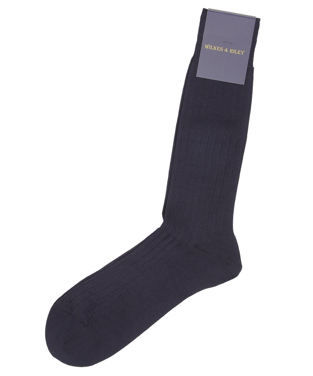 Navy Ribbed Cotton Lisle “Filo Di Scozia” - Mid Calf - Wilkes & Riley, LLC
