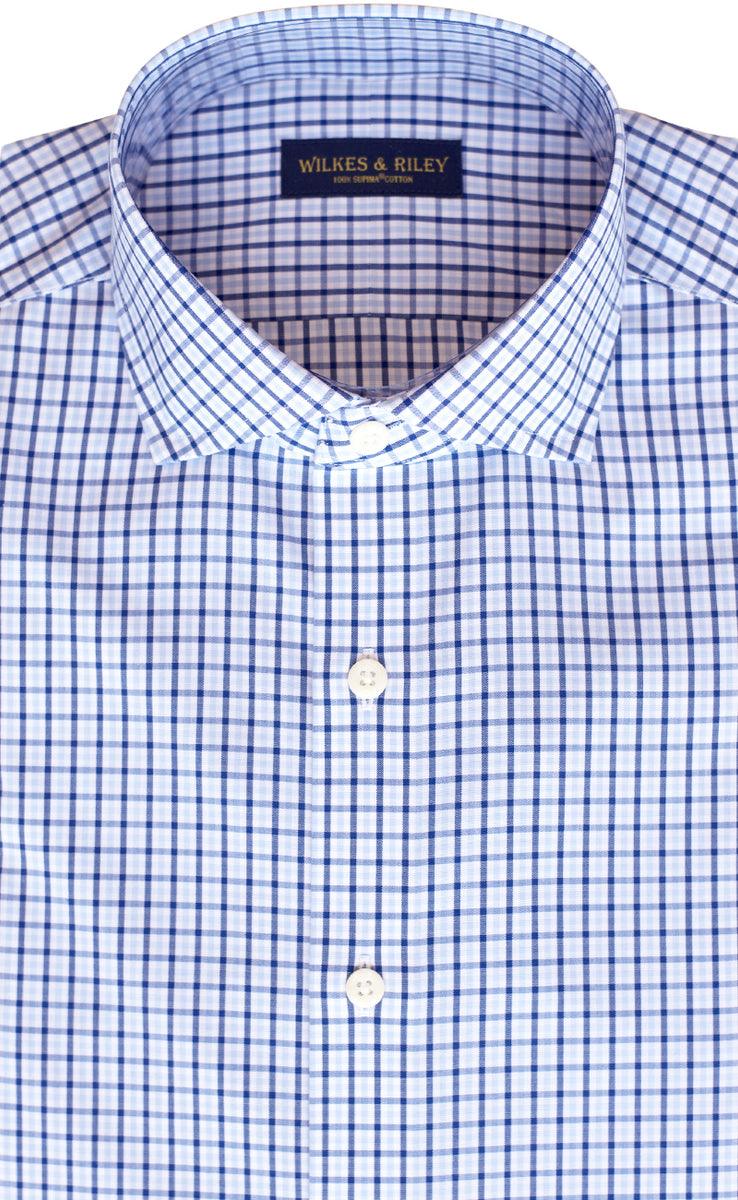 Tailored Fit Sky / Navy Tattersall check English Spread Collar Supima® Non-Iron Cotton Broadcloth Sport Shirt
