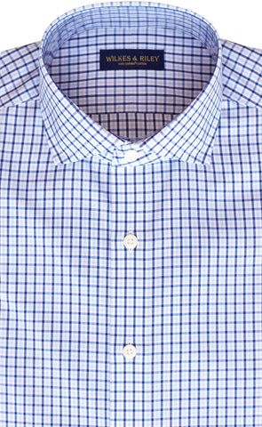 Tailored Fit Sky / Navy Tattersall check English Spread Collar Supima® Non-Iron Cotton Broadcloth Sport Shirt
