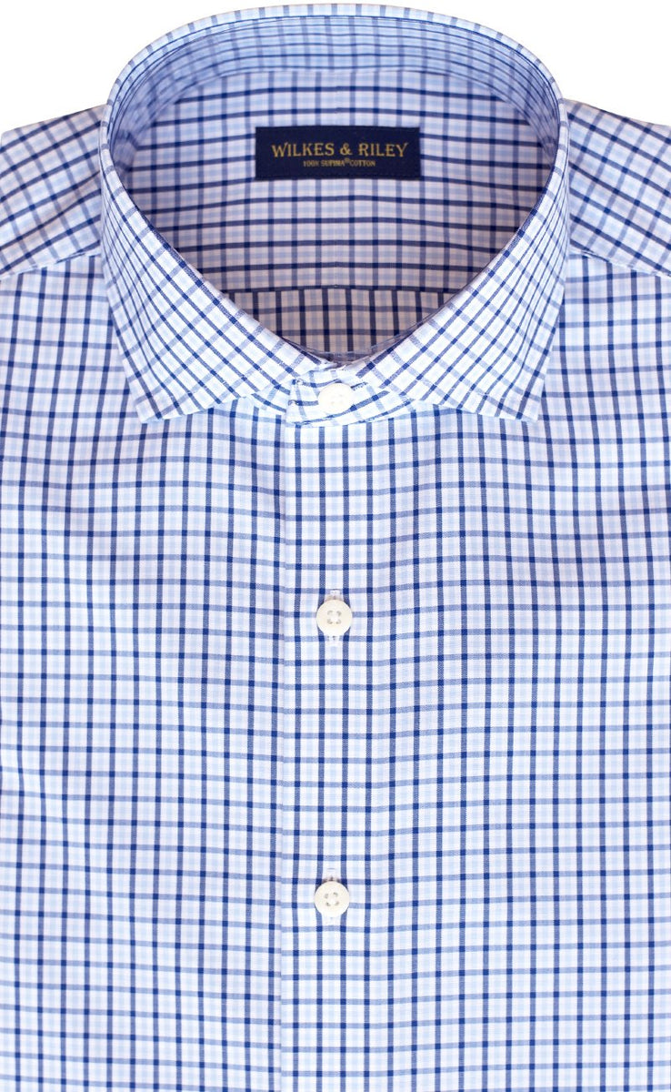 Tailored Fit Sky / Navy Tattersall check English Spread Collar Supima® Non-Iron Cotton Broadcloth Sport Shirt (B/T)