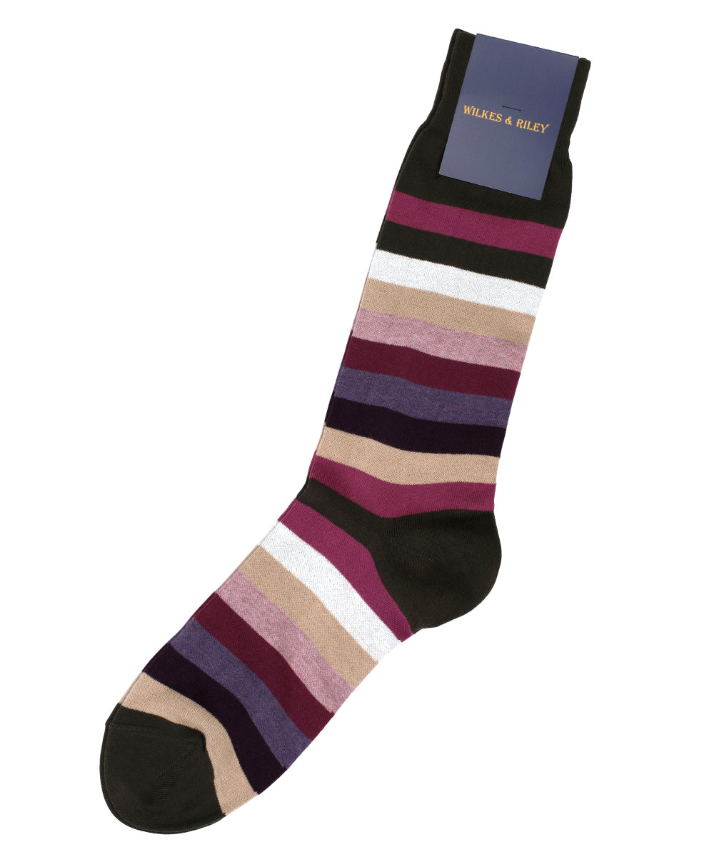 Olive Multi Bar Stripe Cotton Sock - Mid Calf