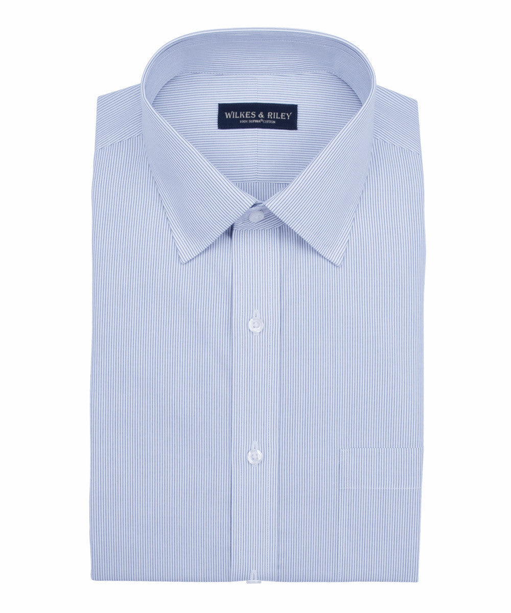 Wilkes and Riley Slim Fit Navy Narrow Pin Stripe Spread Collar Supima® Cotton Non-Iron Pinpoint Oxford Dress Shirt