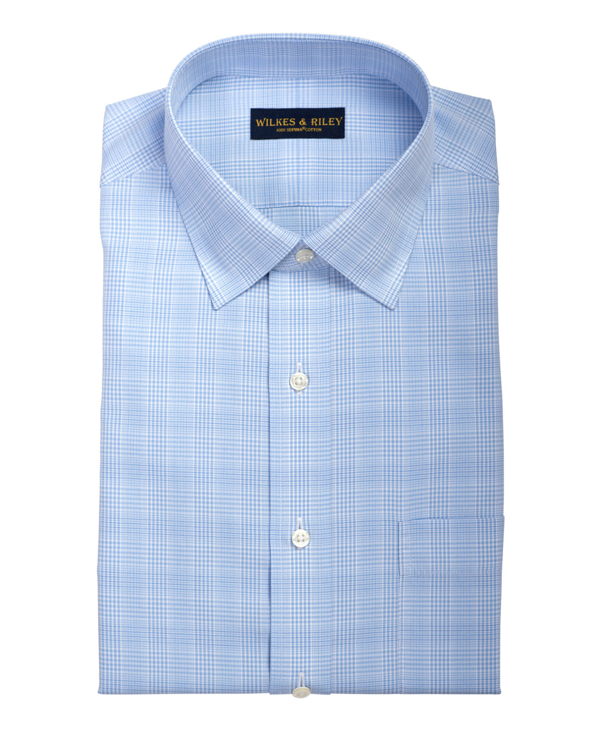 Slim Fit Light Blue Glen Plaid Spread Collar  Supima® Cotton Non-Iron Broadcloth Dress Shirt