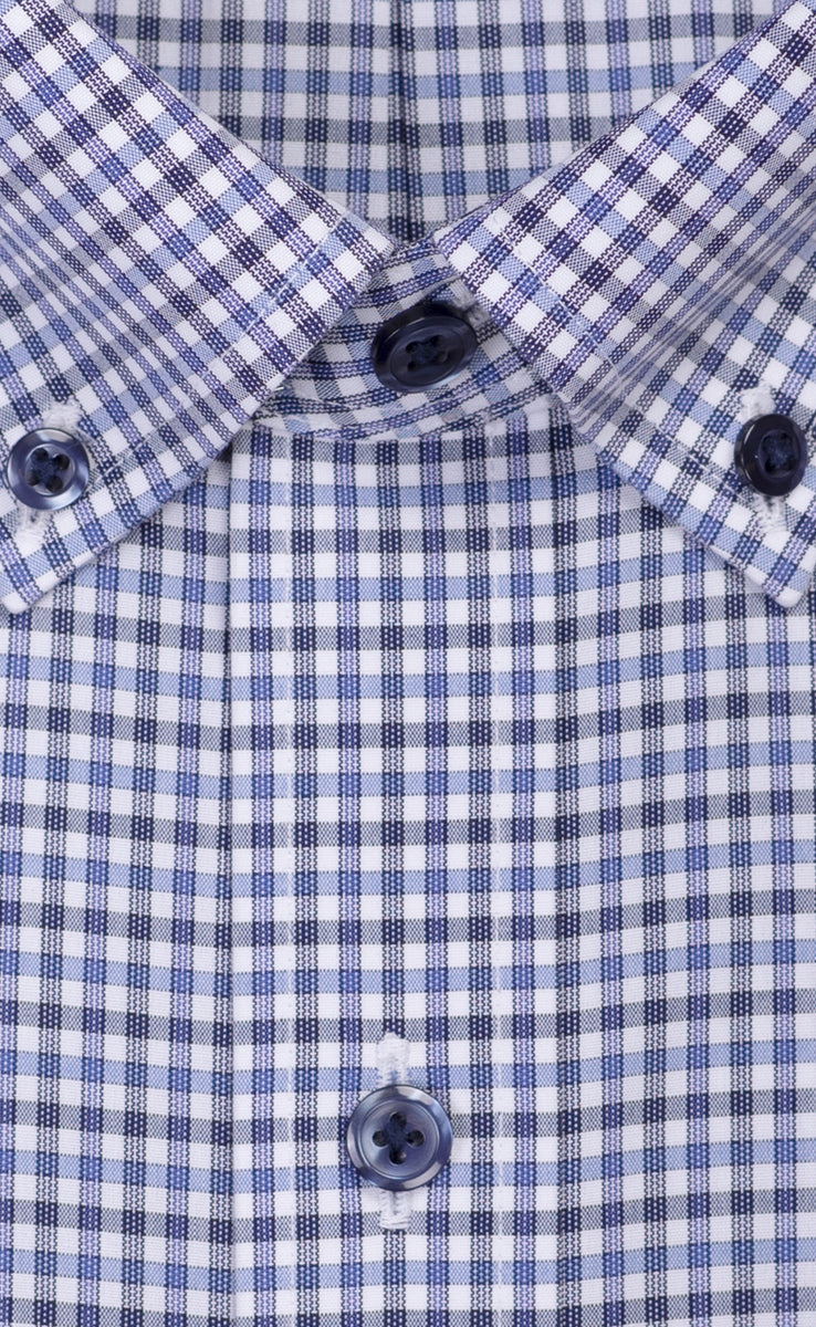 Slim Fit Blue / Dark Grey Mini Check Button Down Collar Supima® Cotton  Non-Iron Broadcloth