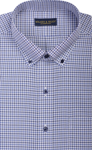 Slim Fit Blue / Dark Grey Mini Check Button Down Collar Supima® Cotton Non-Iron Broadcloth