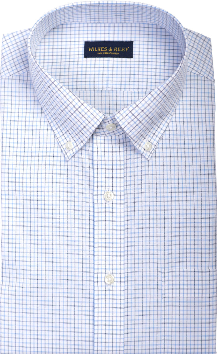 Tailored Fit Sky / Navy Poplin Check Button Down Collar Supima® Cotton Non-Iron Dress Shirt