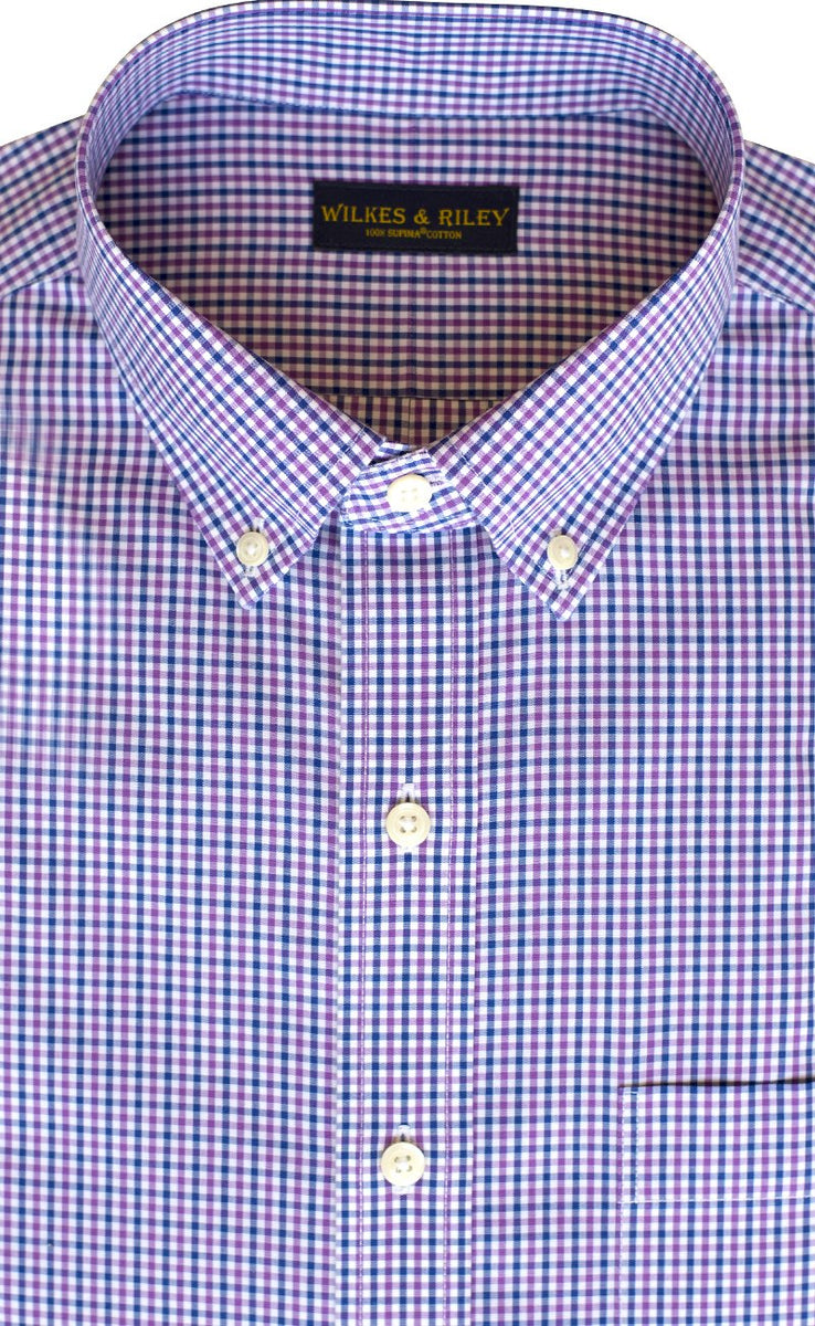 Classic Fit Purple / Blue Tattersall check Button-Down Collar Supima® Non-Iron Cotton Broadcloth Sport Shirt (B/T)