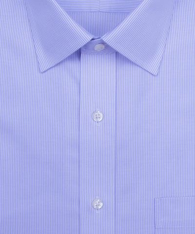 Wilkes and Riley Classic Fit Purple Stripe English Spread Collar Supima® Cotton Non-Iron Twill Dress Shirt. Close up of button and collar
