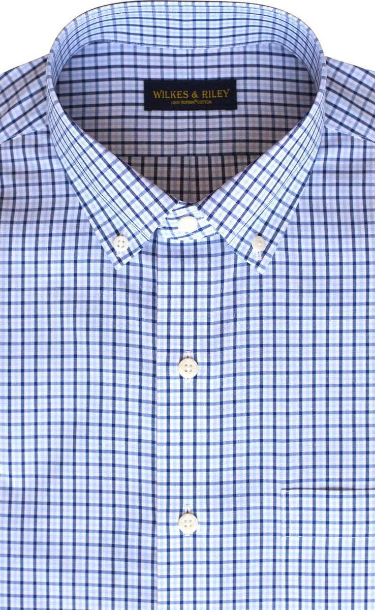 Classic Fit Sky / Navy Tattersall check Button-Down Collar Supima® Non-Iron Cotton Broadcloth Sport Shirt (B/T)
