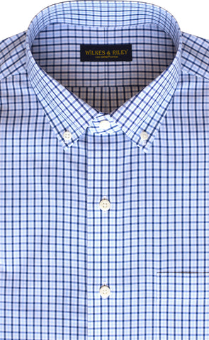 Classic Fit Sky / Navy Tattersall check Button-Down Collar Supima® Non-Iron Cotton Broadcloth Sport Shirt
