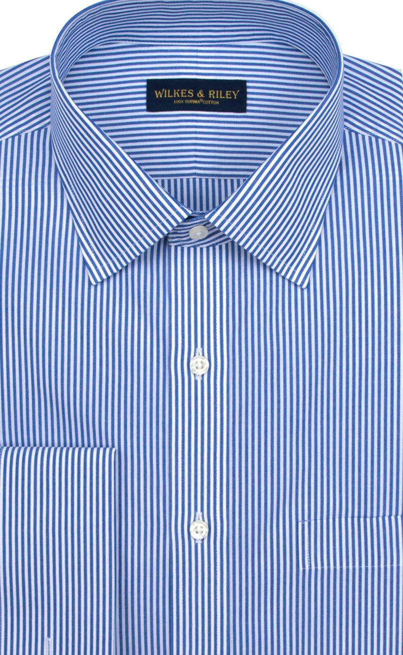 Slim Fit Blue Bengal Stripe Spread Collar French Cuff Supima® Cotton Non - Iron Broadcloth Dress Shirt - Wilkes & Riley, LLC