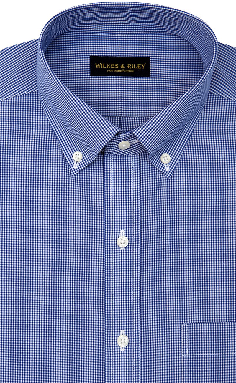 Slim Fit Blue Gingham Check Button Down Collar Supima® Cotton Non - Iron Broadcloth - Wilkes & Riley, LLC