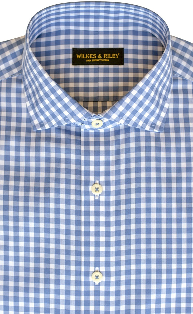 Slim Fit Blue Gingham English Spread Collar Supima® Cotton Non - Iron Broadcloth Dress Shirt - Wilkes & Riley, LLC