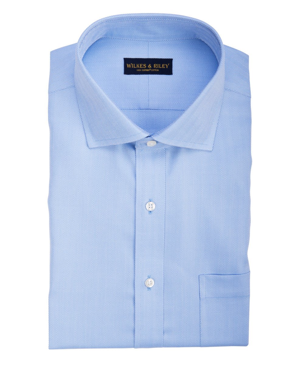 Slim Fit Blue Herringbone English Spread Collar Supima® Cotton Non - Iron Dress Shirt - Wilkes & Riley, LLC