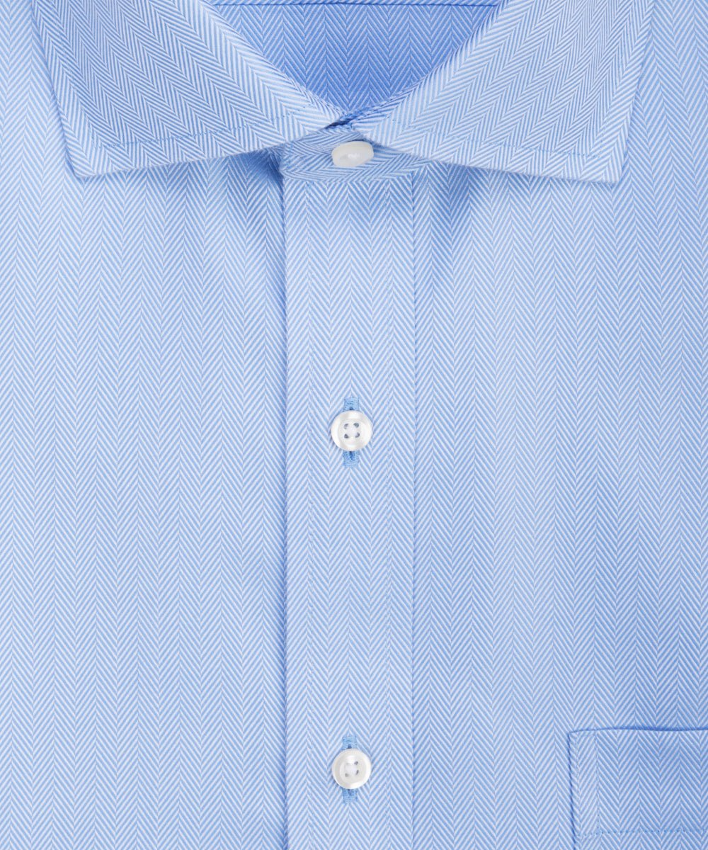 Slim Fit Blue Herringbone English Spread Collar Supima® Cotton Non - Iron Dress Shirt - Wilkes & Riley, LLC