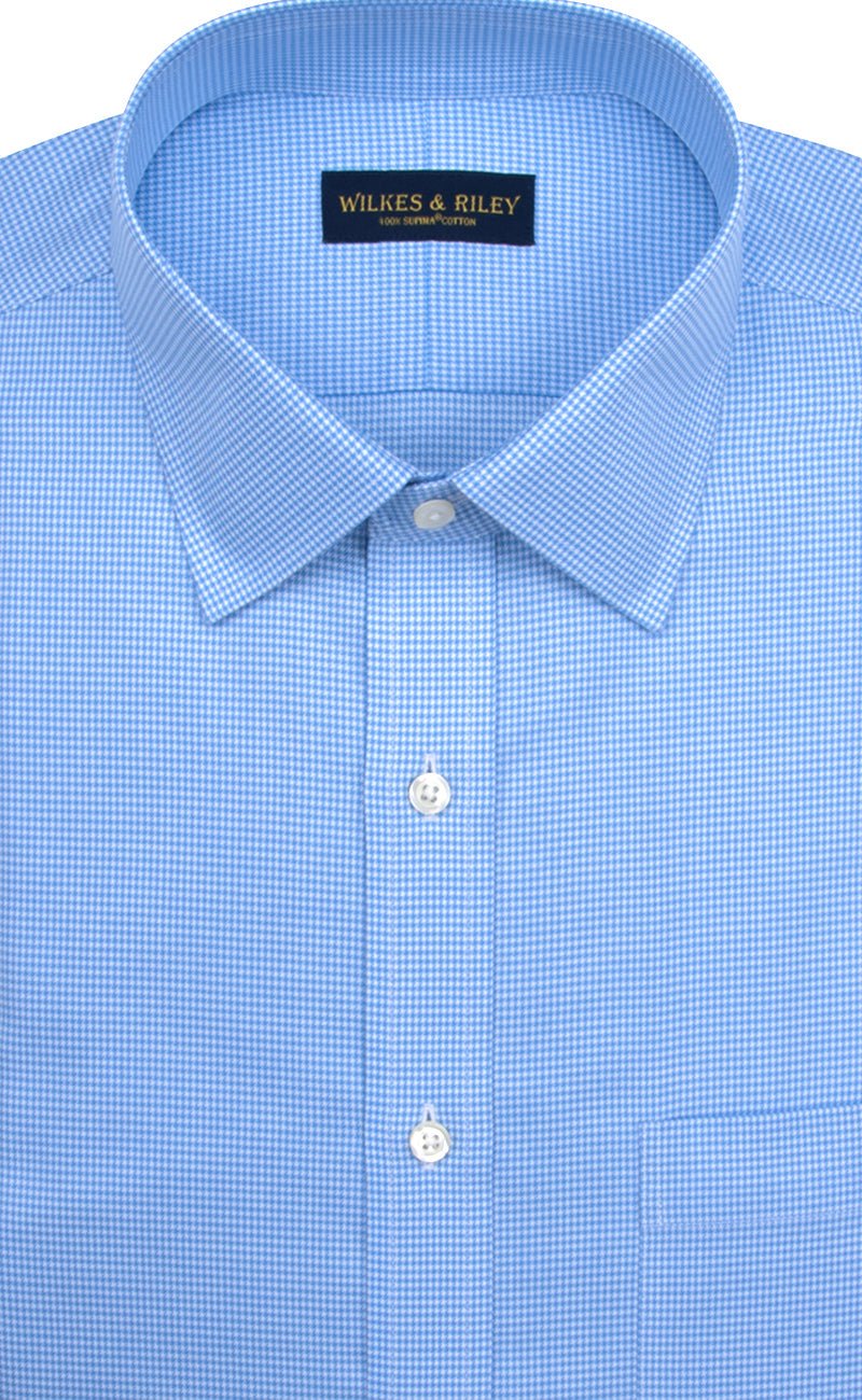 Slim Fit Blue Houndstooth Spread Collar Supima® Cotton Non - Iron Twill Dress Shirt - Wilkes & Riley, LLC