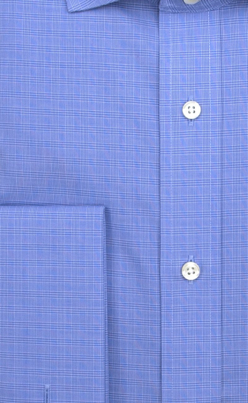 Slim Fit Blue Micro Plaid English Spread Collar French Cuff Supima® Cotton Non - Iron Broadcloth Dress Shirt - Wilkes & Riley, LLC