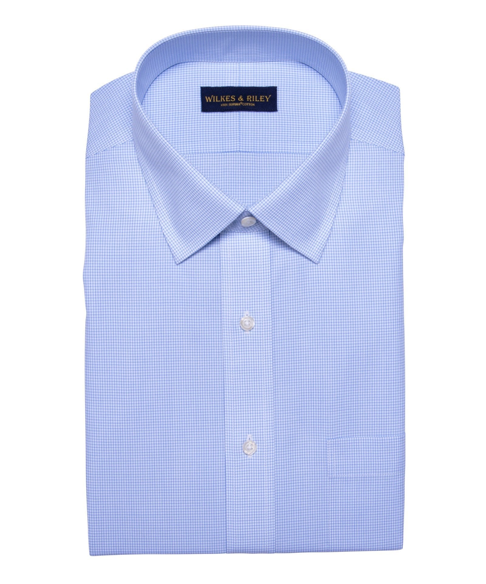 Slim Fit Blue Mini Check Spread Collar Supima® Cotton Non - Iron Broadcloth Dress Shirt - Wilkes & Riley, LLC