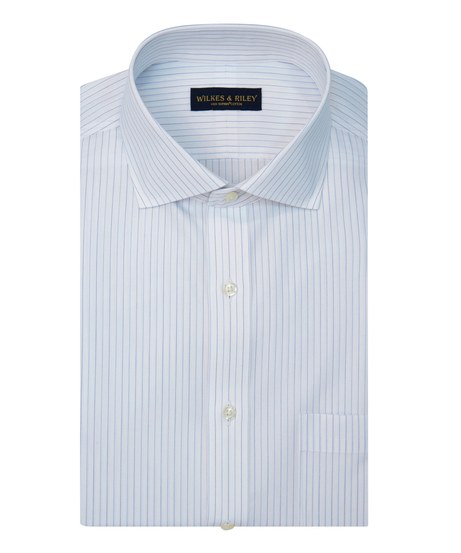 Slim Fit Blue/ Navy Alternating Stripe English Spread Collar Supima® Cotton Non - Iron Broadcloth Dress Shirt - Wilkes & Riley, LLC