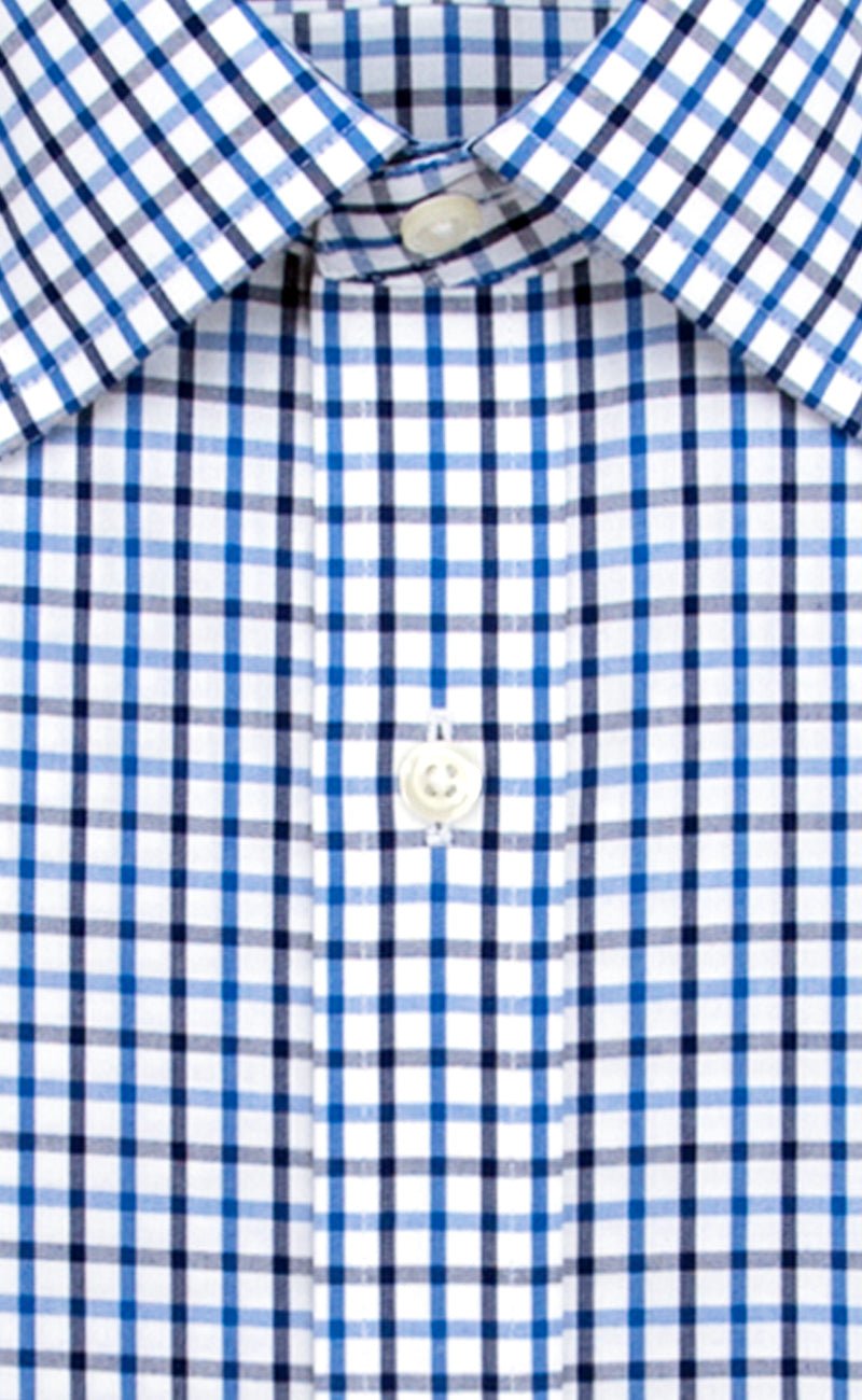 Slim Fit Blue / Navy Tattersall English Spread Collar Supima® Cotton Non - Iron Broadcloth Dress Shirt - Wilkes & Riley, LLC