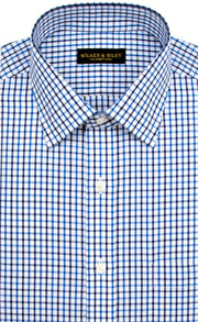 Slim Fit Blue / Navy Tattersall English Spread Collar Supima® Cotton Non - Iron Broadcloth Dress Shirt - Wilkes & Riley, LLC
