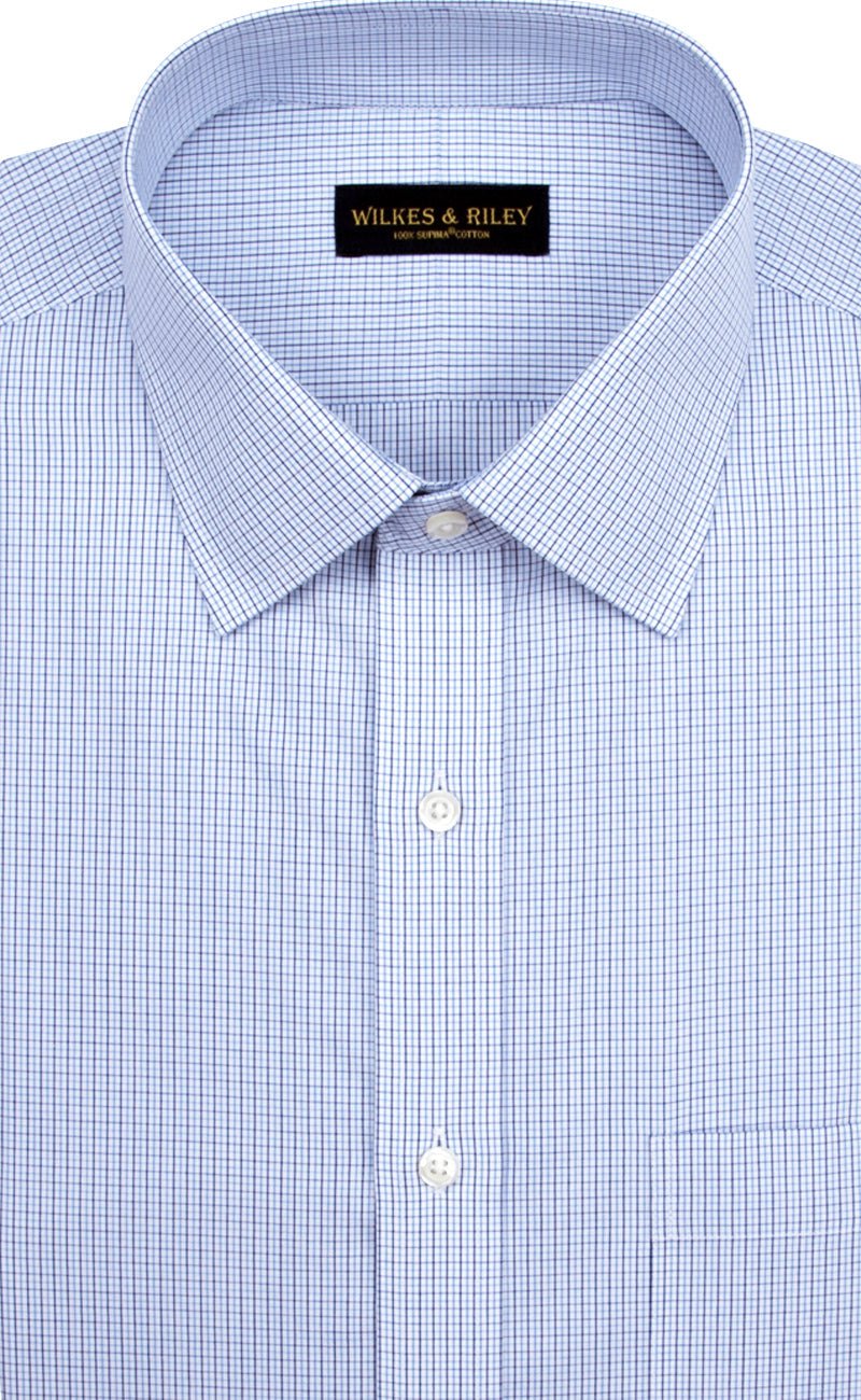 Slim Fit Blue/Navy Micro Check Spread Collar Supima® Cotton Non - Iron Broadcloth Dress Shirt - Wilkes & Riley, LLC