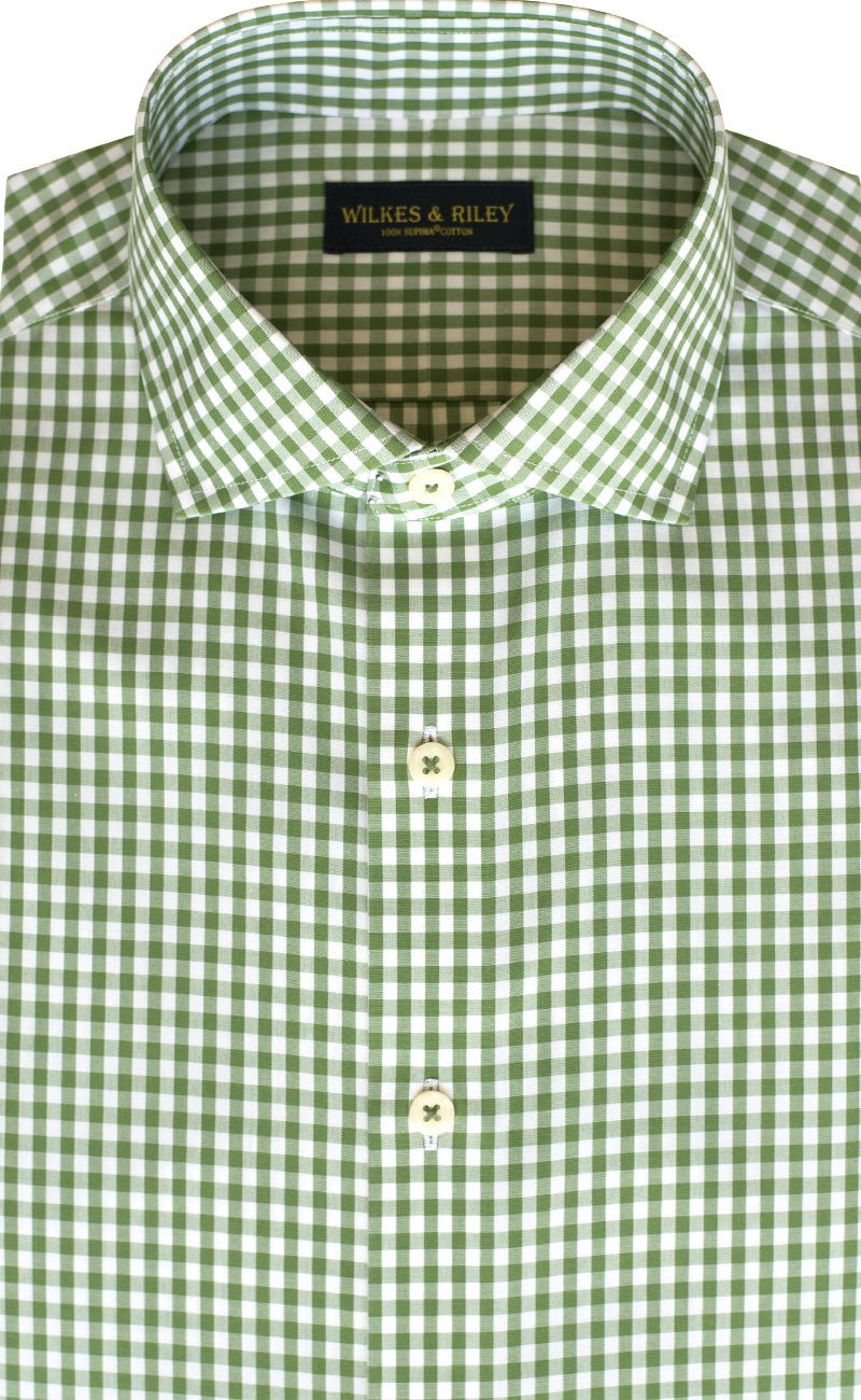 Slim Fit Green Gingham English Spread Collar Supima® Cotton Non - Iron Broadcloth Dress Shirt - Wilkes & Riley, LLC