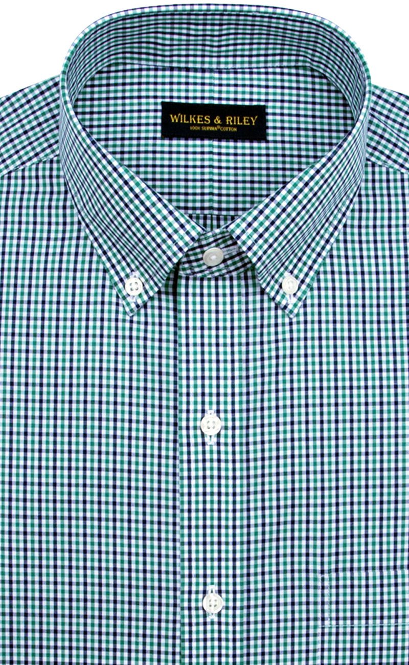 Slim Fit Green/Navy Tattersall Check Button Down Collar Supima® Cotton Non - Iron Broadcloth - Wilkes & Riley, LLC