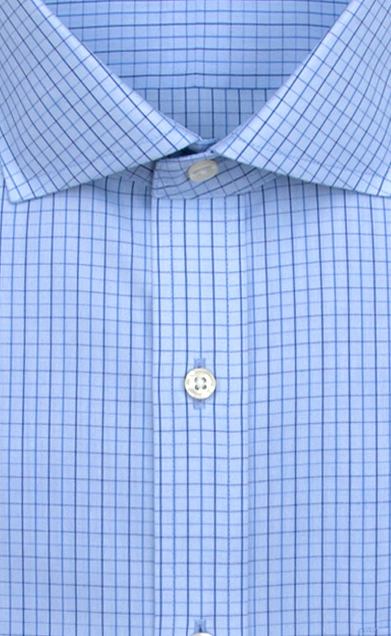 Slim Fit Light Blue Ground Navy Check English Spread Collar Supima® Cotton Non - Iron Broadcloth - Wilkes & Riley, LLC