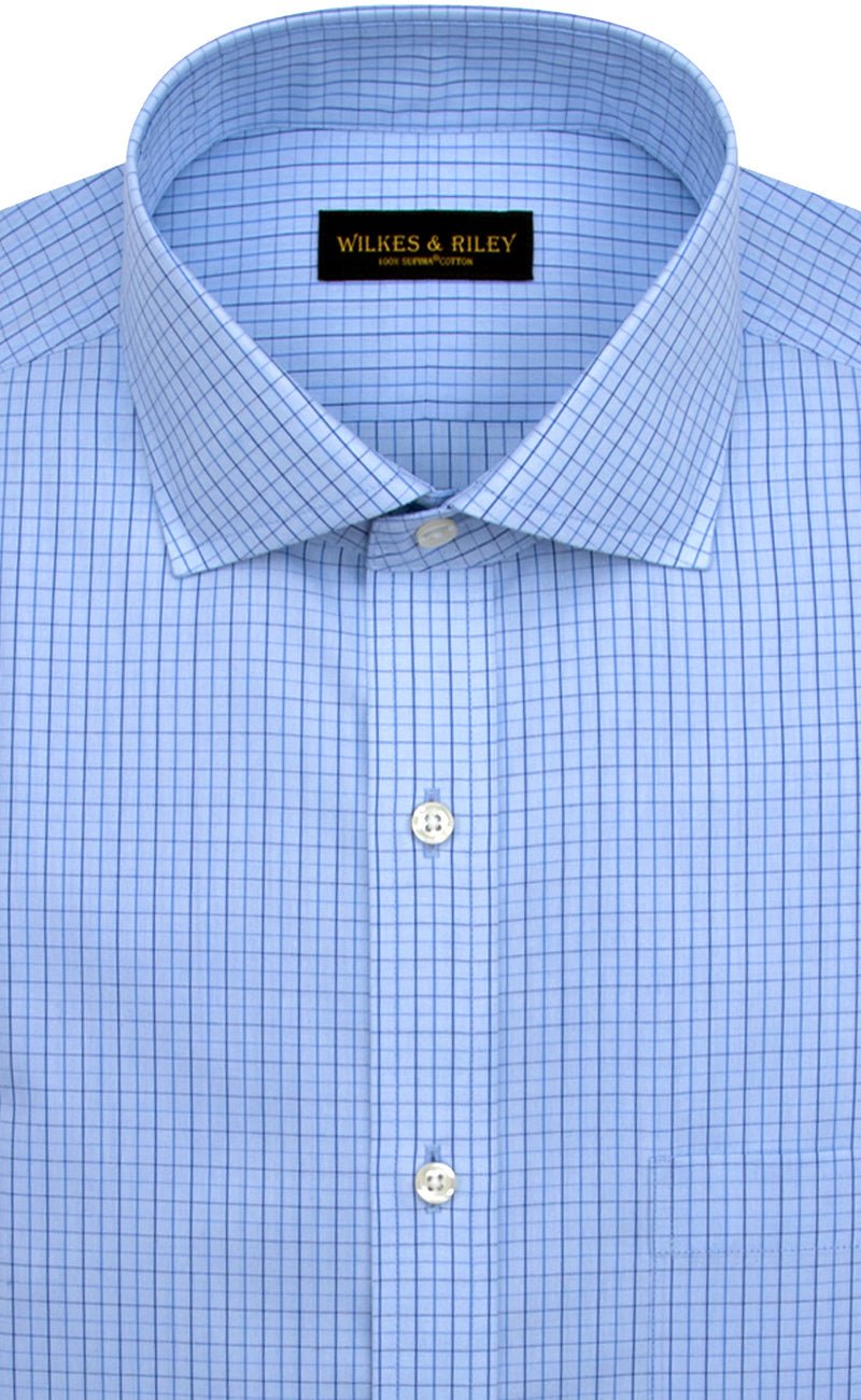 Slim Fit Light Blue Ground Navy Check English Spread Collar Supima® Cotton Non - Iron Broadcloth - Wilkes & Riley, LLC