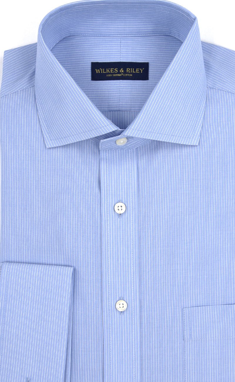 Slim Fit Lt Blue Ground Stripe English Spread Collar French Cuff Supima® cotton Non - Iron Broadcloth Dress Shirt - Wilkes & Riley, LLC