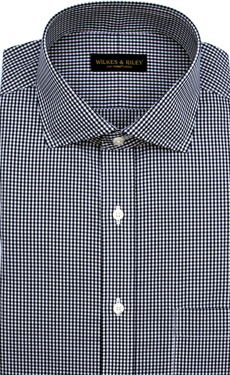 Slim Fit Navy Gingham English Spread Collar Supima® Cotton Non - Iron Broadcloth Dress Shirt - Wilkes & Riley, LLC