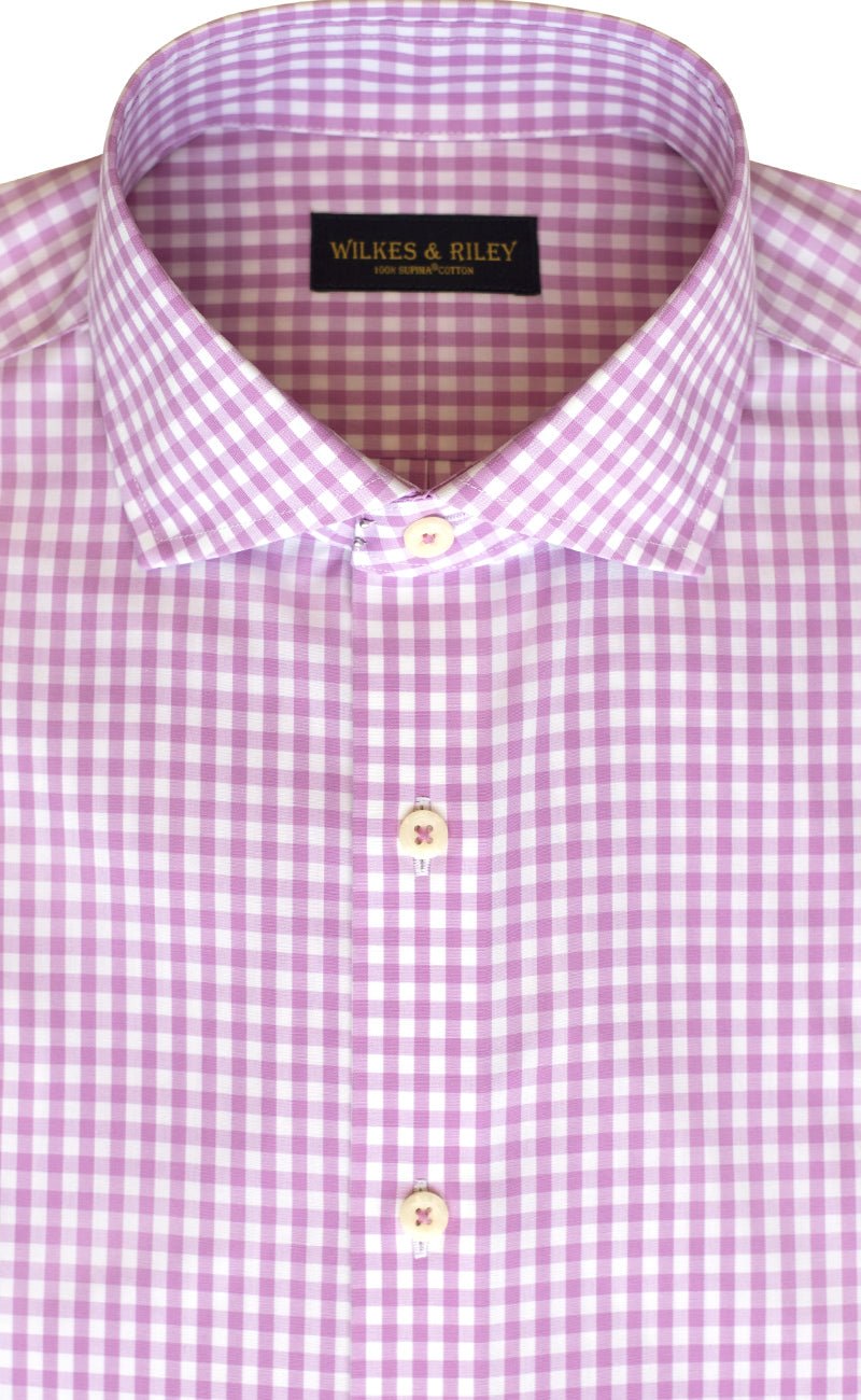 Slim Fit Pink Gingham English Spread Collar Supima® Cotton Non - Iron Broadcloth Dress Shirt - Wilkes & Riley, LLC