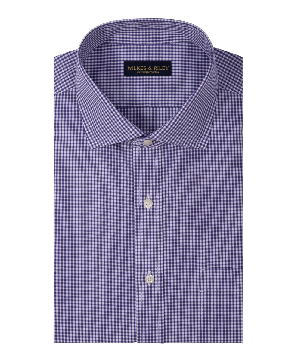 Slim Fit Purple Gingham English Spread Collar Supima® Cotton Non - Iron Broadcloth Dress Shirt - Wilkes & Riley, LLC
