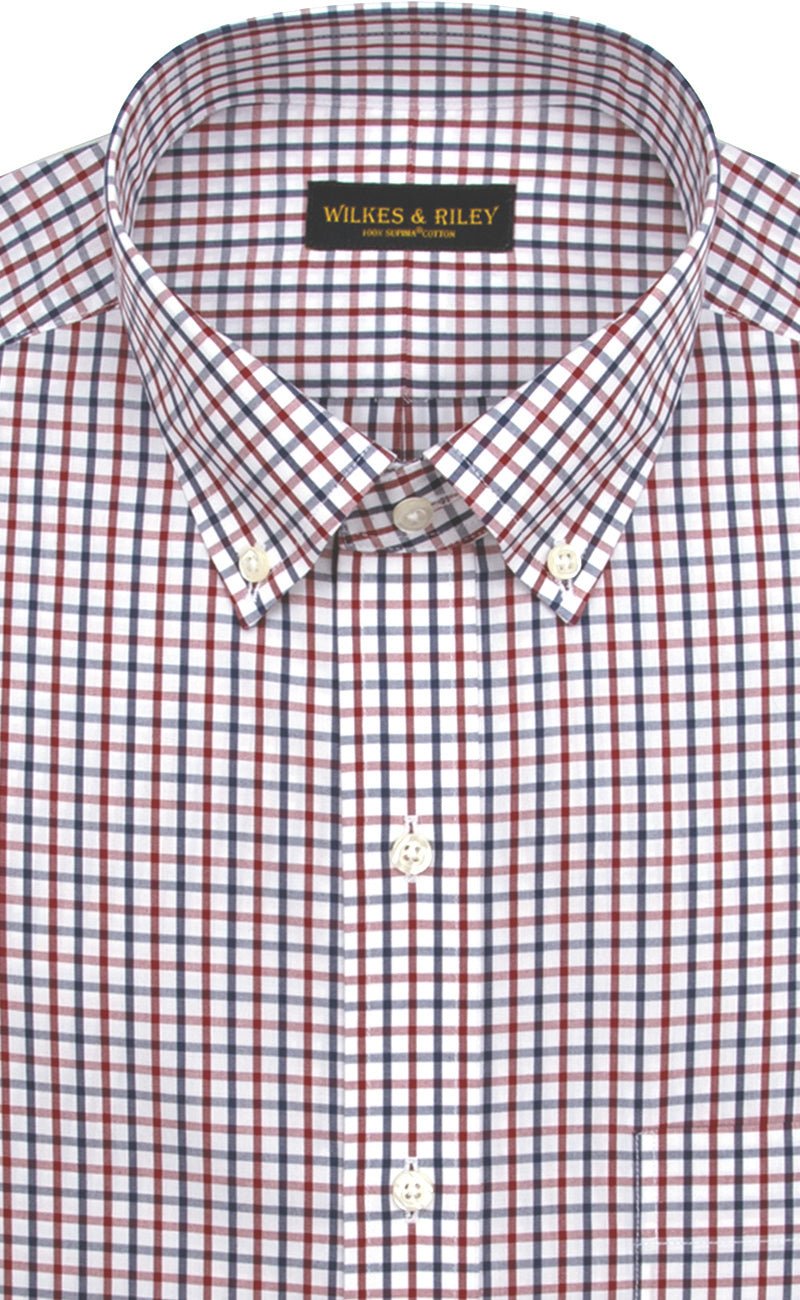 Slim Fit Red/Navy Tattersall Button Down Collar Supima® Cotton Non - Iron Broadcloth - Wilkes & Riley, LLC