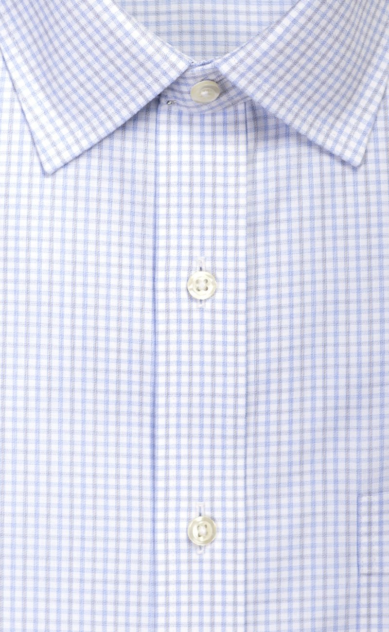 Slim Fit Sky / Grey Twill Check Spread Collar Supima® Cotton Non - Iron Dress Shirt - Wilkes & Riley, LLC