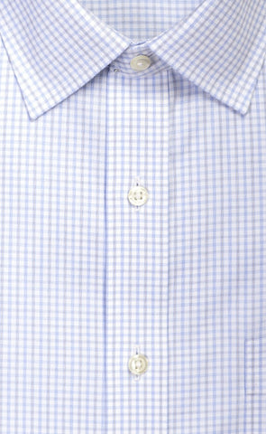 Slim Fit Sky / Grey Twill Check Spread Collar Supima® Cotton Non - Iron Dress Shirt - Wilkes & Riley, LLC