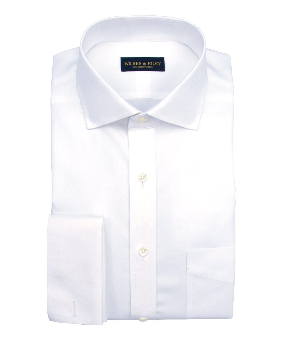 Slim Fit White English Spread Collar French Cuff Supima® Cotton Non - Iron Pinpoint Dress Shirt - Wilkes & Riley, LLC