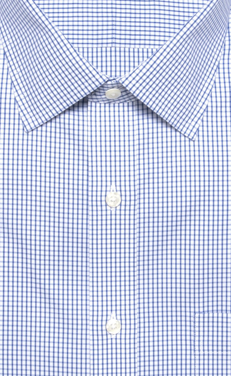 Slim Fit White Ground Blue Check Spread Collar Supima® cotton Non - Iron Pinpoint Oxford Dress Shirt - Wilkes & Riley, LLC