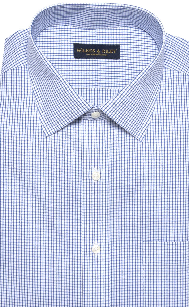 Slim Fit White Ground Blue Check Non Iron Men's Dress Shirt
