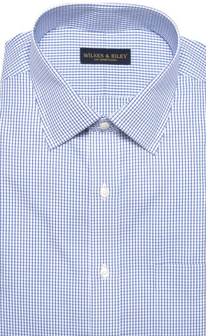 Slim Fit White Ground Blue Check Spread Collar Supima® cotton Non-Iron Pinpoint Oxford Dress Shirt