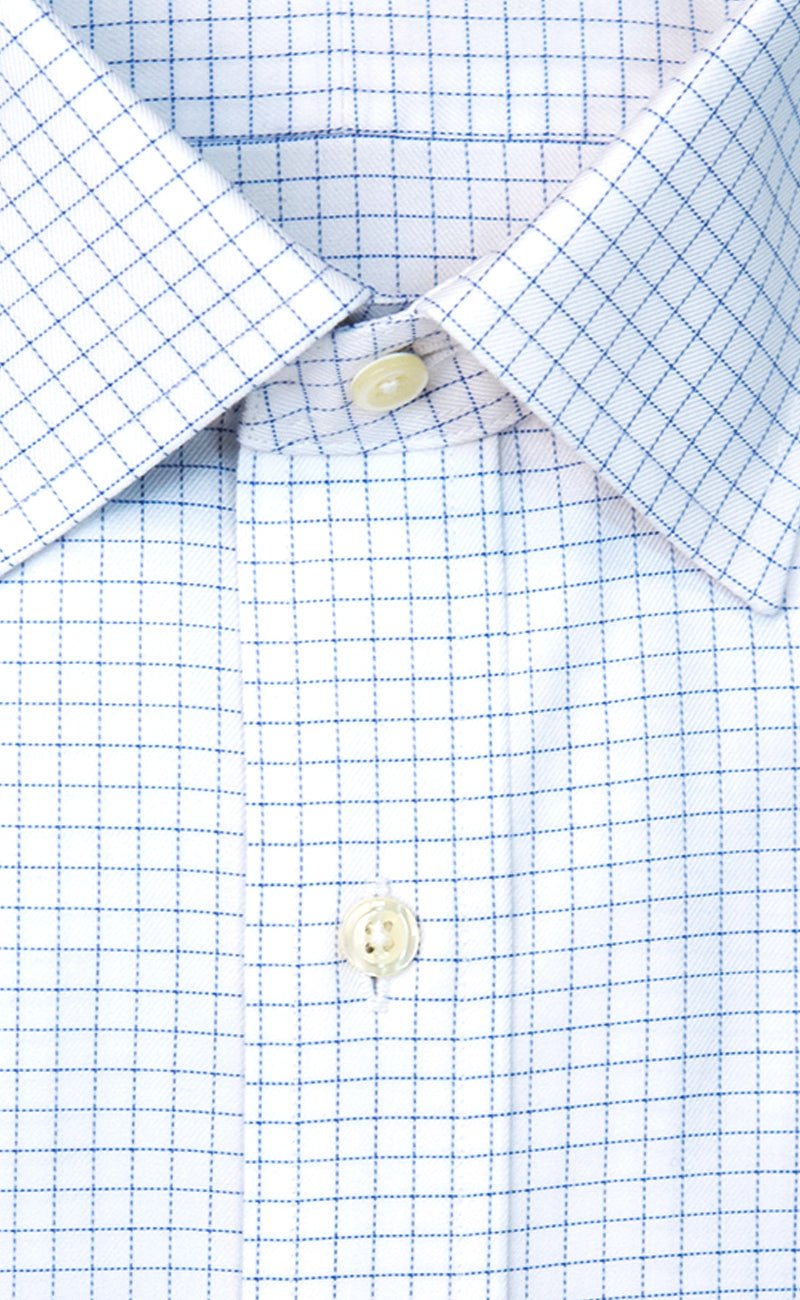 Slim Fit White Ground Blue twill Check Spread Collar Supima® Cotton Non - Iron Dress Shirt - Wilkes & Riley, LLC