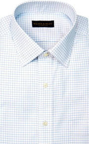Slim Fit White Ground Blue twill Check Spread Collar Supima® Cotton Non - Iron Dress Shirt - Wilkes & Riley, LLC