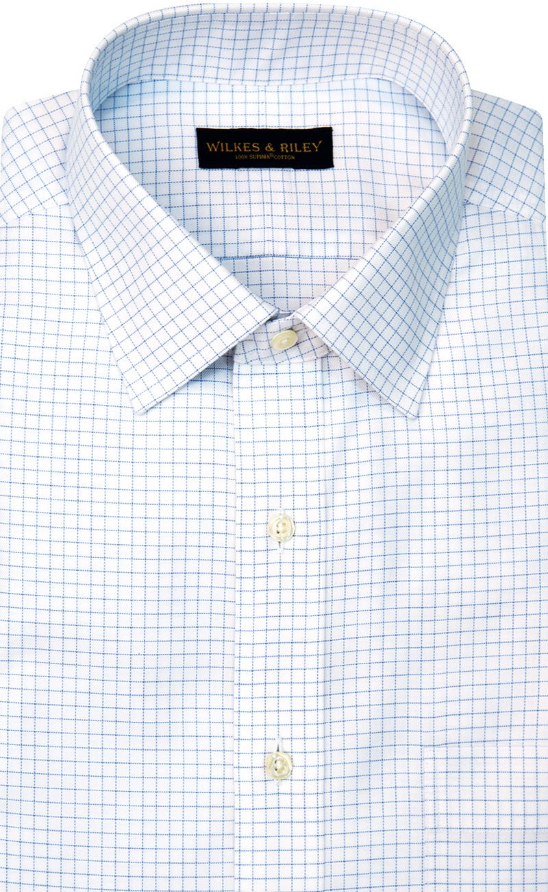 Slim Fit White Ground Blue twill Check Spread Collar Supima® Cotton Non - Iron Dress Shirt - Wilkes & Riley, LLC