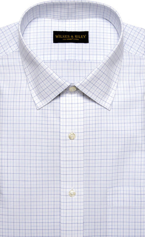 Slim Fit White Ground Navy / Lt Blue Tattersall Spread Collar  Supima® Cotton Non-Iron Broadcloth