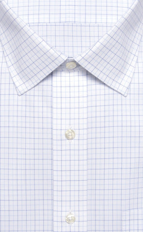 Slim Fit White Ground Navy / Lt Blue Tattersall Spread Collar Supima® Cotton Non - Iron Broadcloth - Wilkes & Riley, LLC
