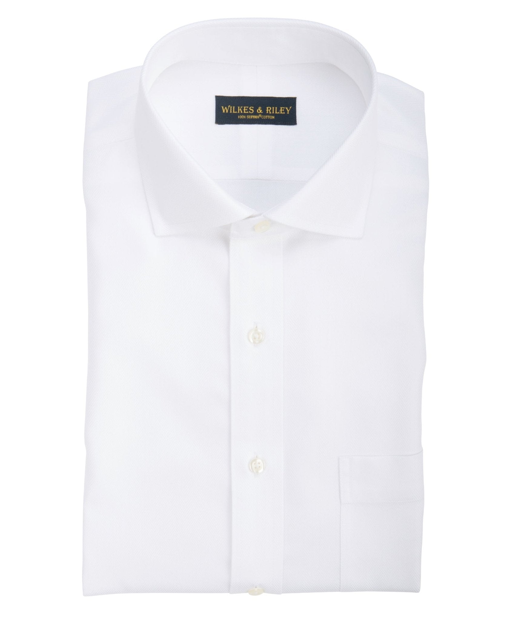 Slim Fit White Herringbone English Spread Collar Supima® Cotton Non - Iron Dress Shirt - Wilkes & Riley, LLC