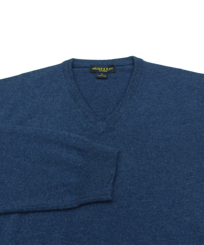 Wilkes & Riley 100% Cashmere V-neck Sweater W/ Loro Piana Yarn in Blue Close Up
